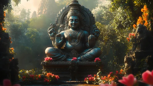 Serene stone deity statue amid lush sunlit jungle garden.