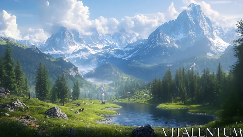 High mountain valley with conifer forest and alpine lake.