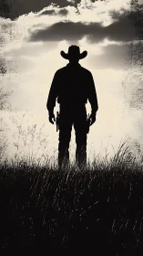 Silhouetted cowboy figure standing in tall grass at dusk.