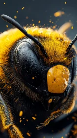 Photorealistic macro close-up of pollen-dusted bee head.