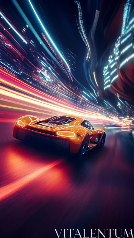 Neon comet supercar streaks through electric night city streets.