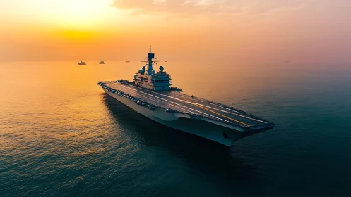 Sunrise turns the silent aircraft carrier into a steel horizon