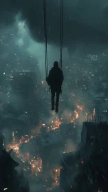 Silhouetted figure on swing above burning night cityscape.