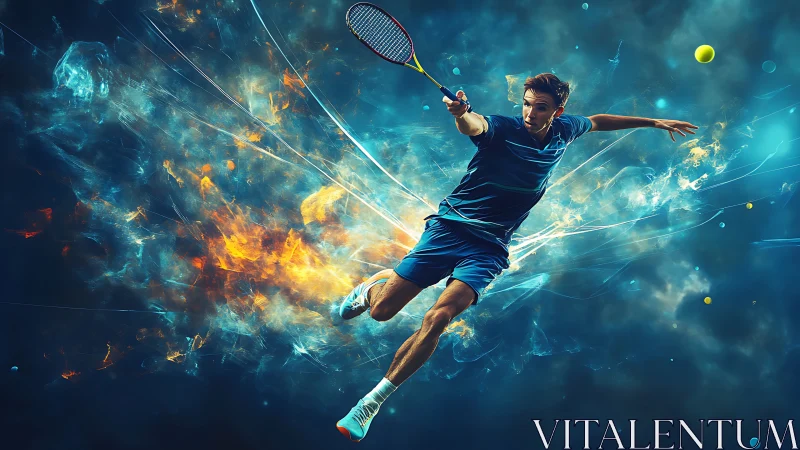 Male tennis player jumps forward to hit ball in dynamic scene
