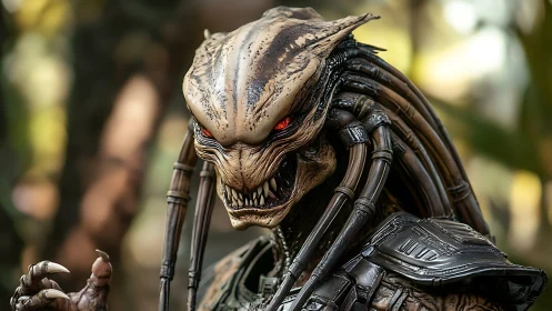 Predatory biomechanoid hunter with exoskeletal armor in jungle.