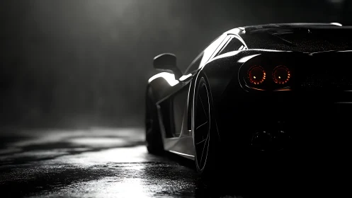 Sleek black supercar glows softly on a wet night street
