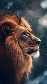 Lion profile in falling snow with dramatic rim light.