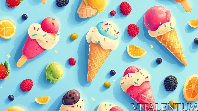 Colorful ice cream cones scatter over bright blue backdrop.