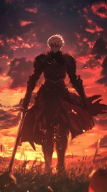 Armored swordsman silhouette dominates ember-lit sunset sky
