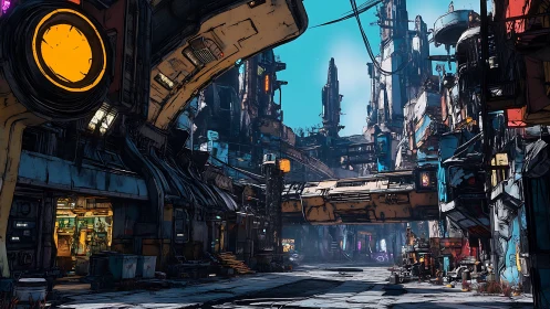 Layered cyber-industrial megastructure with elevated transit loops.