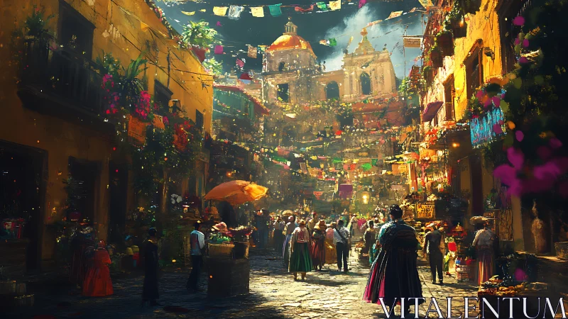 Historic plaza street market under flags and church dome.