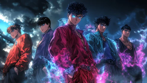 Five anime fighters with glowing blue and magenta energy auras