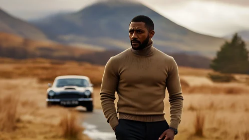 Quiet road swagger with classic car and rolling hills.