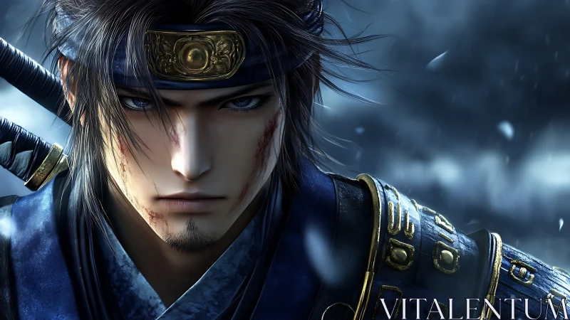 Battle-worn samurai warrior close-up in stormlit blue armor.