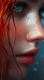 Glimmering raindrops on a fiery haired digital dreamer.
