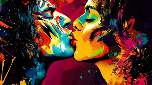 Chromatic vector portrait of two lovers in kinetic kiss.