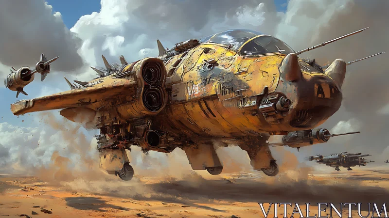 Digital painting of desert gunship squadron in low hover formation.