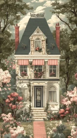 Victorian townhouse fa&ccedil;ade with florals and striped awnings.