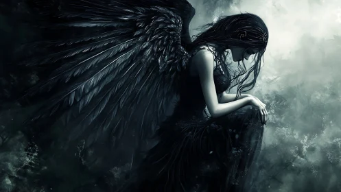 Fallen dark angel kneels in a storm of sorrow and shadow