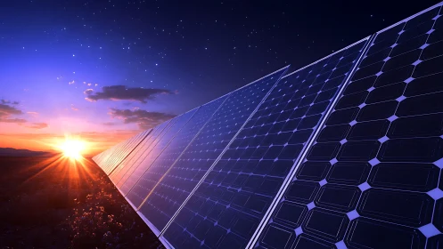 Solar panels capture vivid sunset light for clean power.