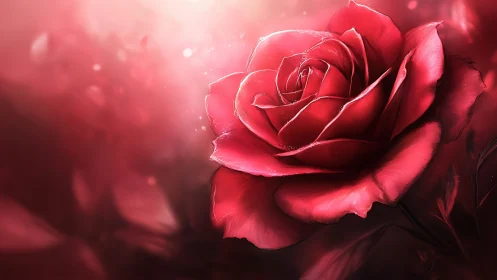 Vibrant Red Rose Glowing in Soft Pink Mist.