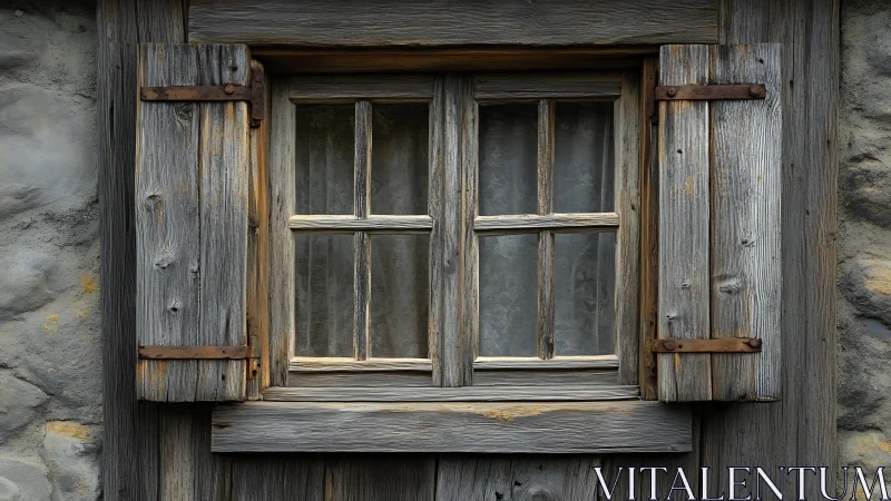 Weathered cottage window with quiet rustic charm.