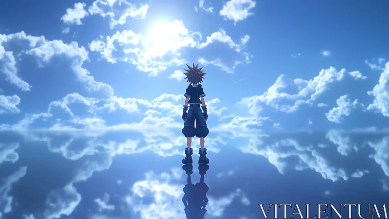 Skybound wanderer pauses where mirrored clouds trade secrets