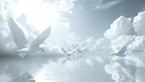 Heavenbound flock gliding over mirrored stormlit waters.