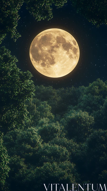 Full Moon Glowing Through Forest Canopy at Night