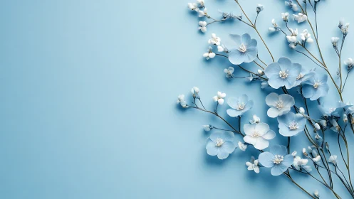 White and blue flowers arranged on solid blue background with shadow