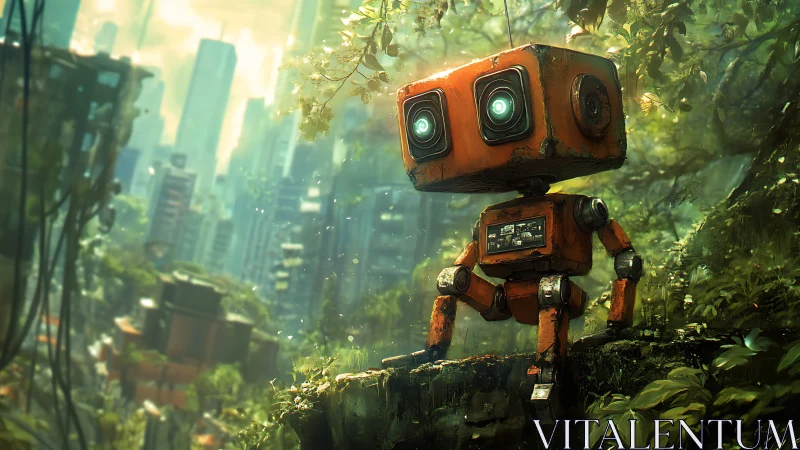Rust-orange scout robot in overgrown post-urban ravine scene.