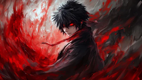 Volatile crimson energy vortex encircling dark anime caster.