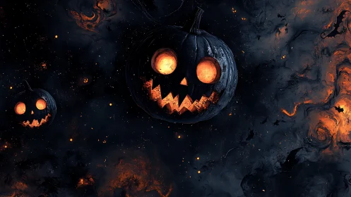 Glowing jack o&rsquo;lanterns float in a dark, smoke-filled field