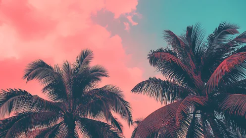 Palm tree silhouettes under gradient sky at sunset.