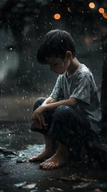Boy in summer rain under moody bokeh city lights.