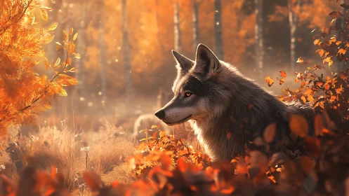 Wolf stands amid autumn foliage in soft backlit forest scene