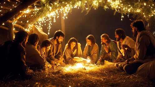 Group of people sit around central fire in a straw shelter