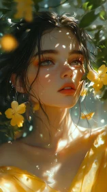 Golden light dances across a dreamy girl among flowers
