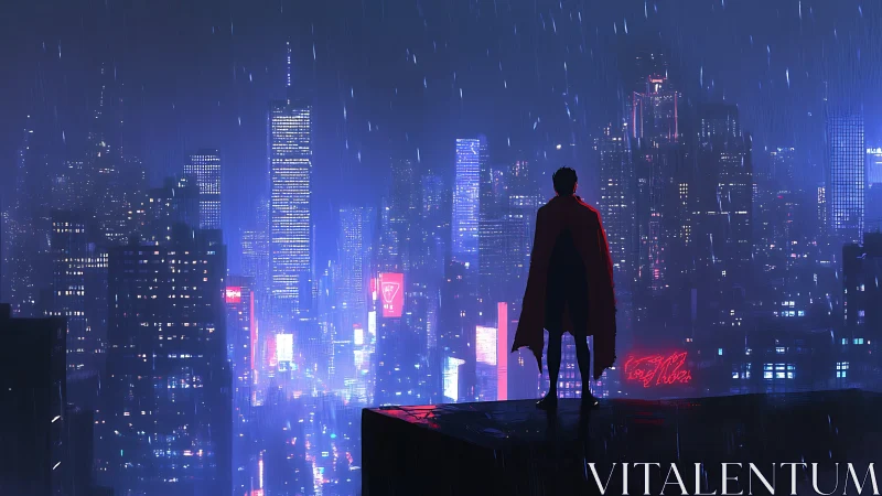 Lone caped figure overlooks neon city in heavy rain.