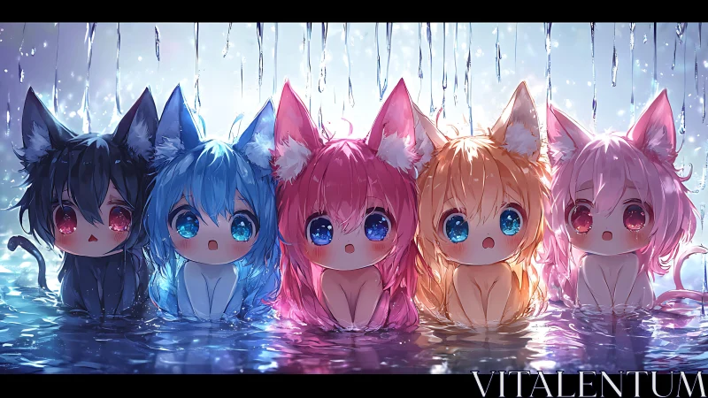 Chibi catgirls bathe under crystal-lit falling water.