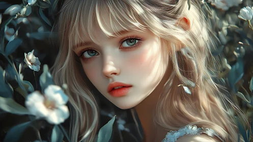 Dreamy blonde girl gazes softly amid pale garden blooms