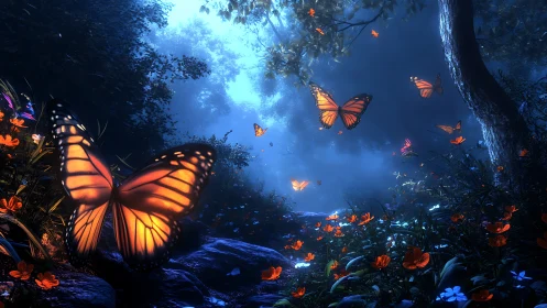 Bioluminescent monarch swarm in volumetric twilight forest.