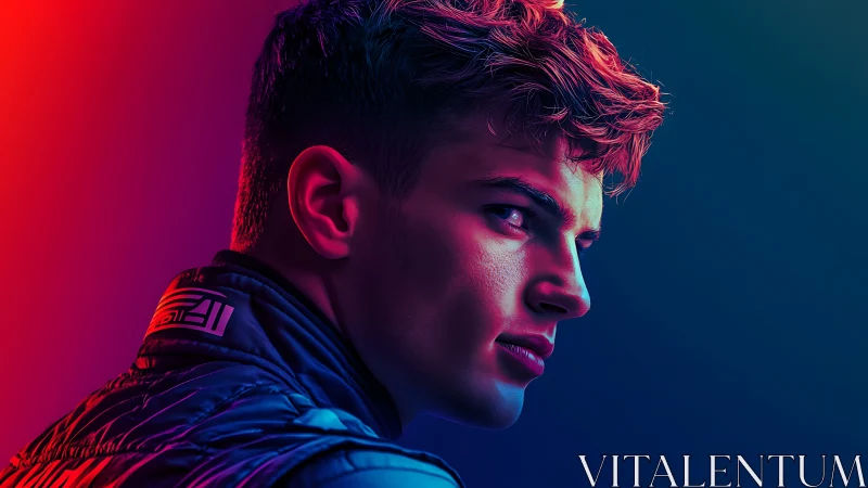 Male driver portrait in dual color studio lighting setup.