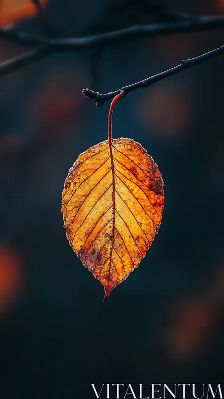 Solitary ember-leaf hangs glowing against the deep dusk