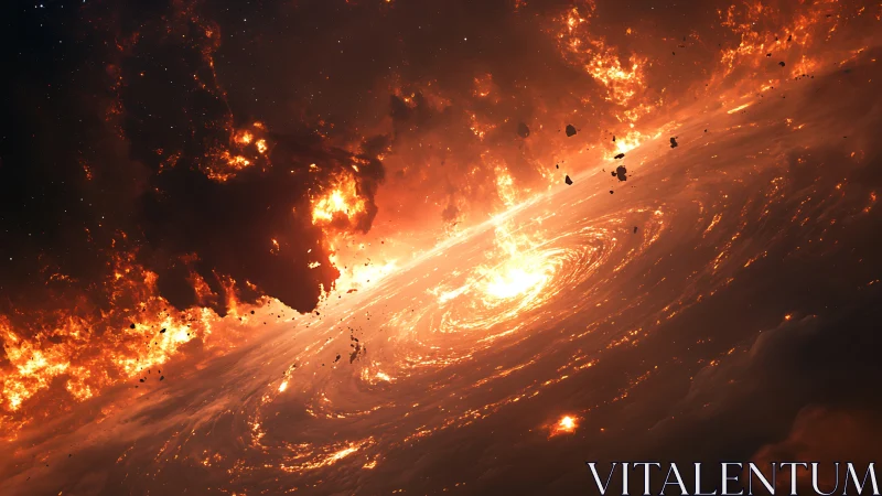 Volcanic galactic disk accretion rendering with molten debris plume