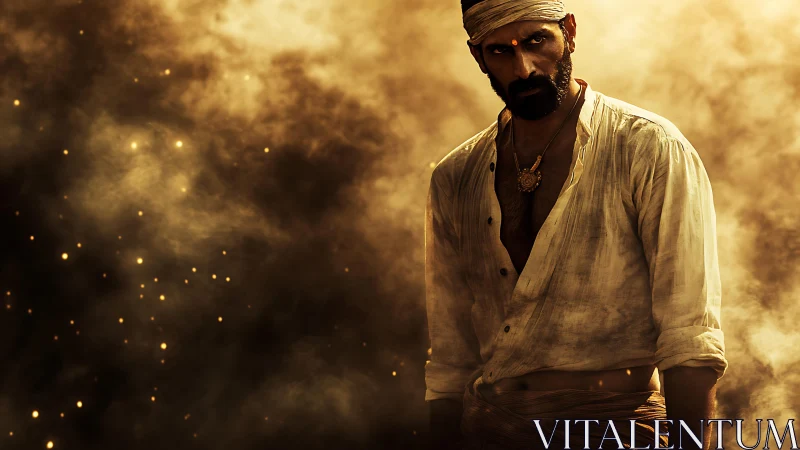 Backlit warrior in golden dust storm uses high-contrast chiaroscuro