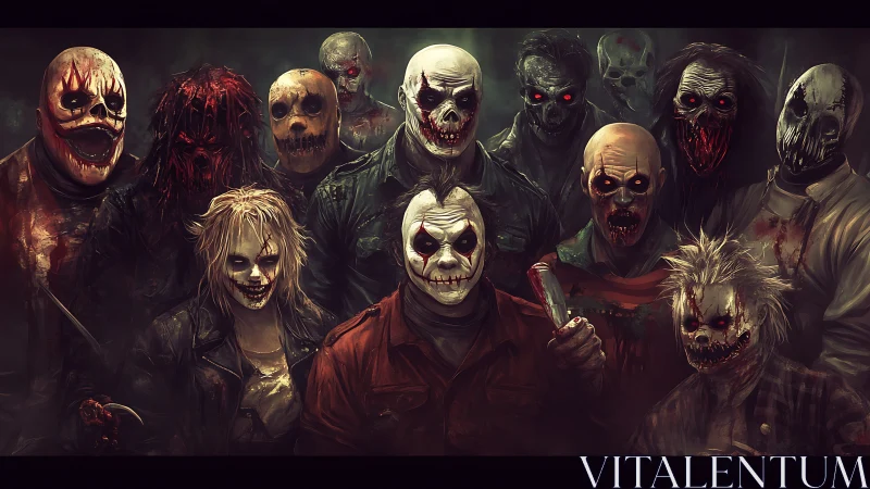 Macabre clown-mask cohort in cinematic digital horror tableau.