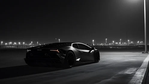 Black sports coupe parked on empty lot at night under lamps.