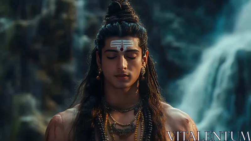 Digitally rendered ascetic figure in meditative pose before waterfall