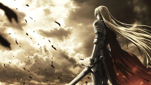 Armored blonde swordsman in red cloak under stormy sky
